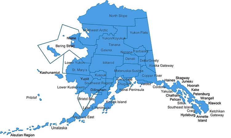 Map of Alaska with school districts