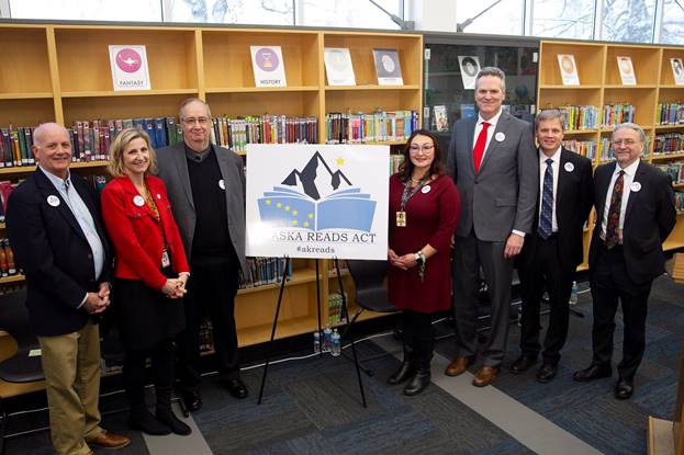 Governor Dunleavy, Commissioner of Education & Early Development Johnson, and others at an Alaska Reads Event