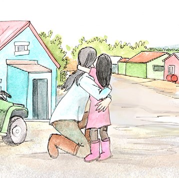 woman hugging child looking back at village with 4-wheeler at left