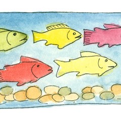 watercolor of cod fishes in purple, yellow, red. background sea-blue
