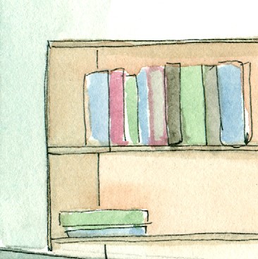 watercolor of library bookshelves