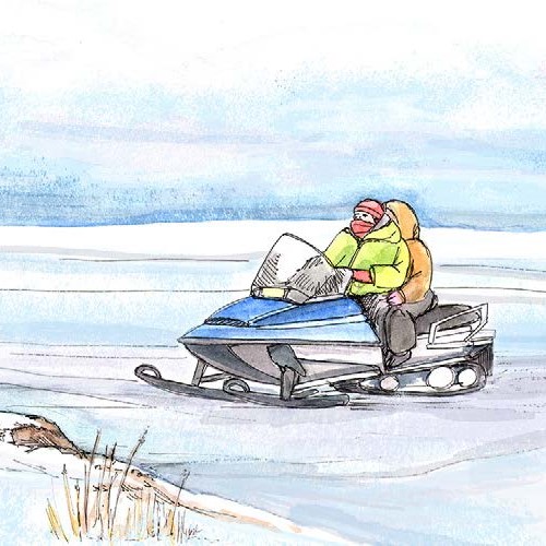 watercolor of a man riding a snowmachine