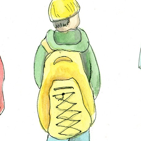 watercolor of student with a backpack