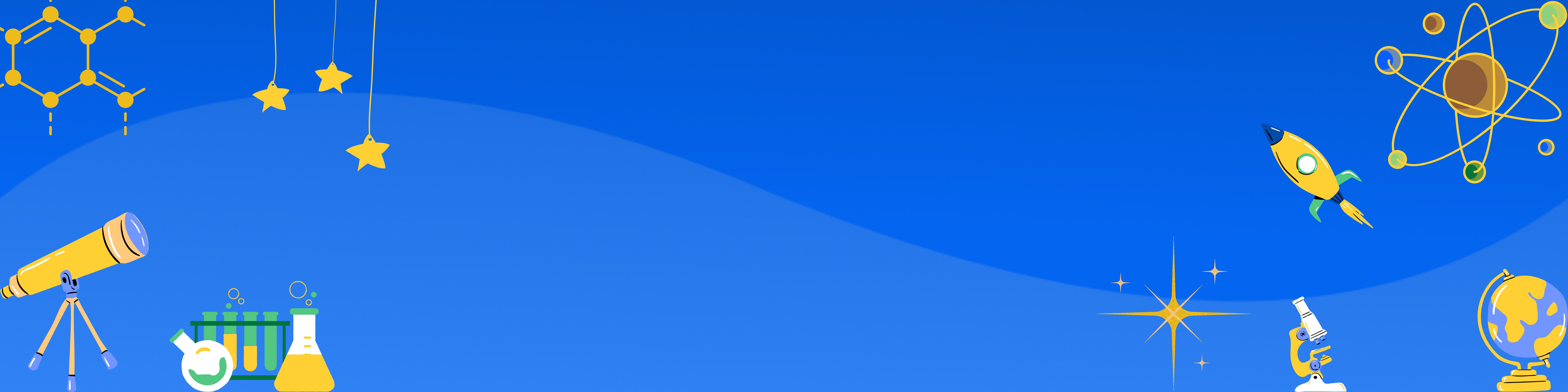 Decorative banner: science-related instruments on a blue background